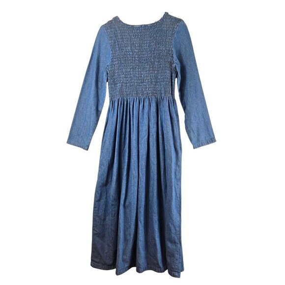 VTG Blue Denim Dress Midi Smocked Bodice High Waist Rhinestones Sz M Bossy - Picture 5 of 9